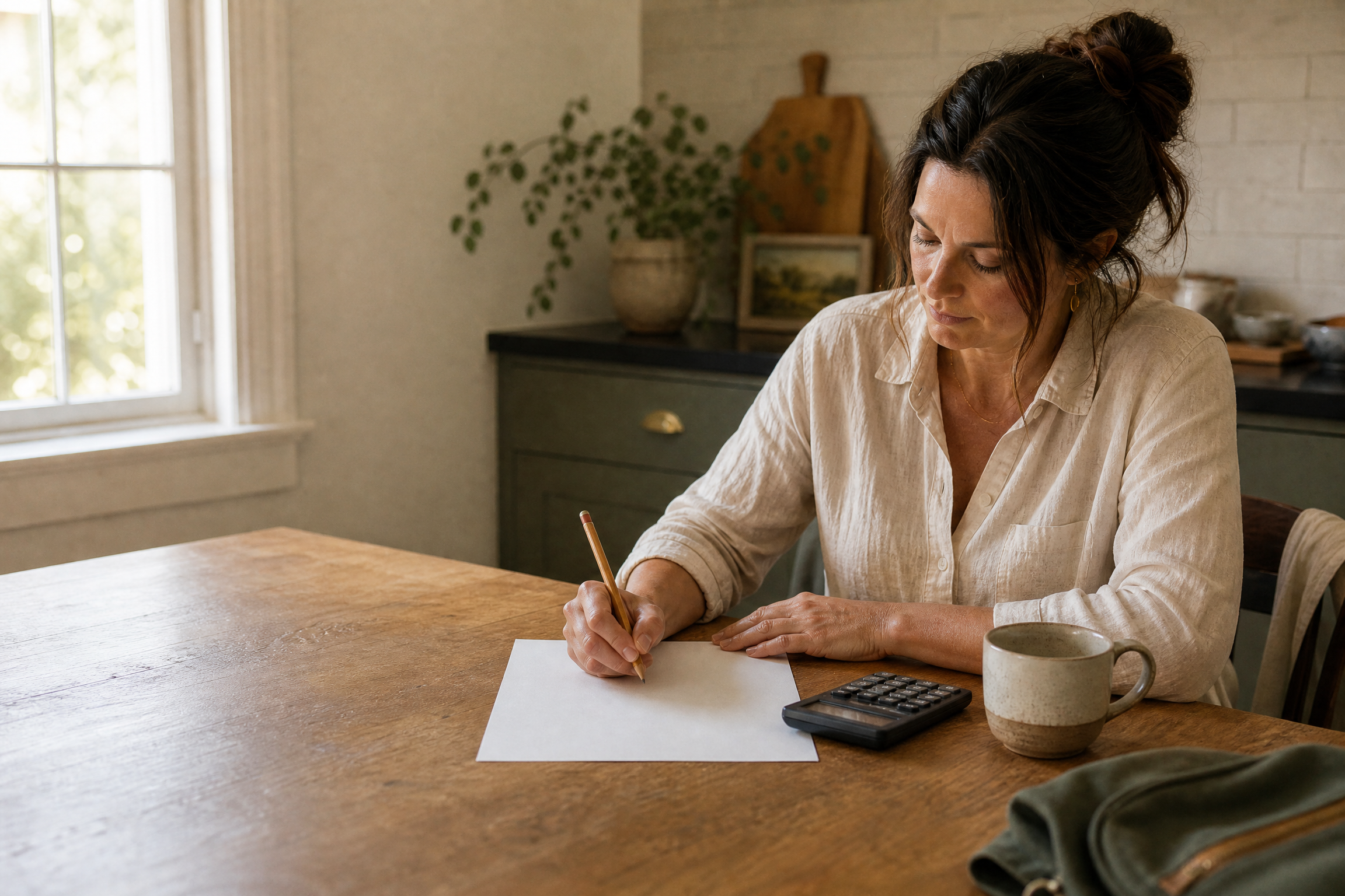A parent calmly reviewing a simple household money page with a pencil and calculator.