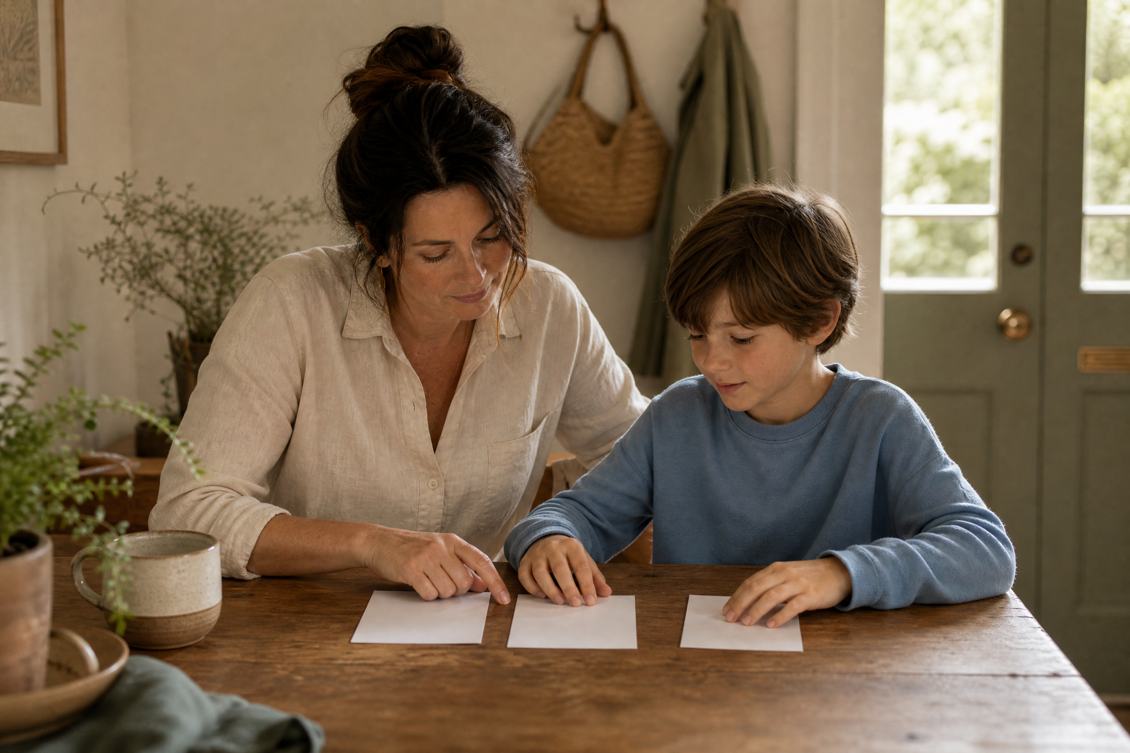 A caregiver and child calmly arranging a short visual routine together at home.