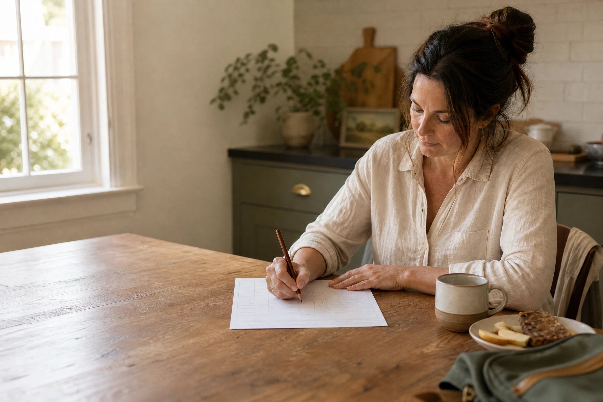 A caregiver using a simple planning page at a warmly lit family kitchen table.