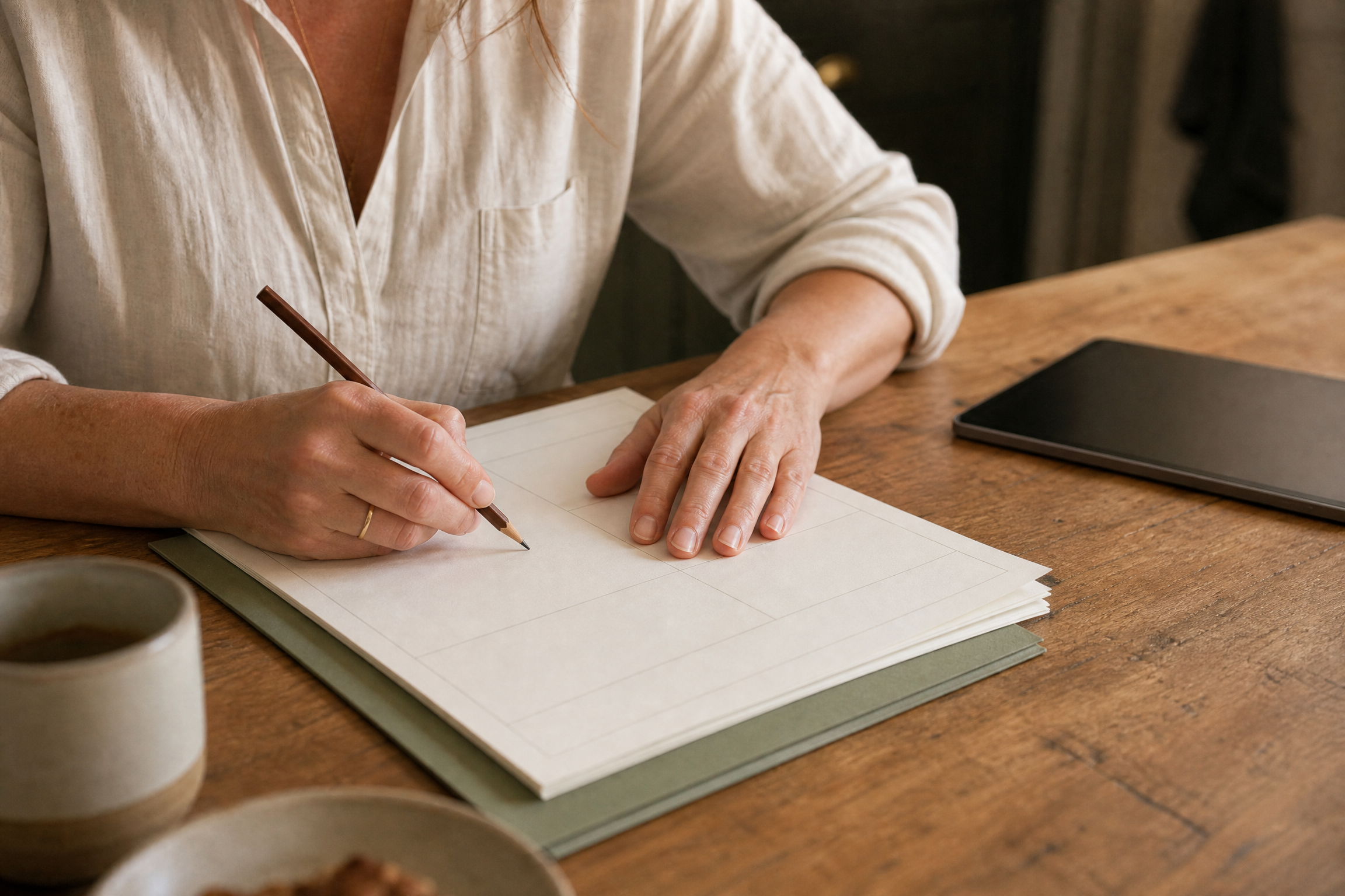 Hands working through a practical planning page beside a tablet on a warm wooden table.