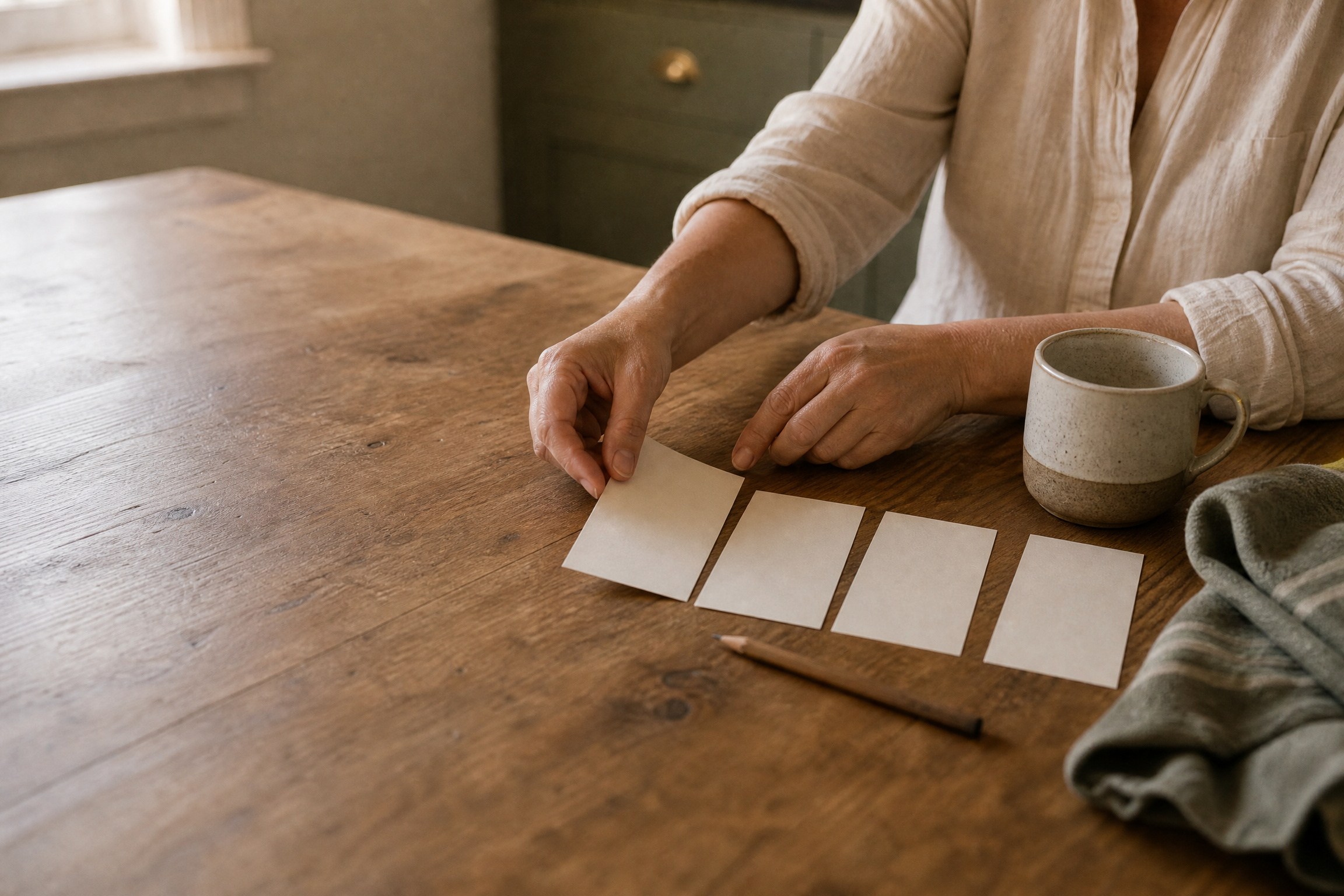 Hands arranging a small set of weekly planning cards on a lived-in kitchen table.